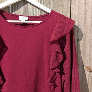 J.CREW Medium Blouse Garnet Ruffle & Semi-sheer Sleeves Cotton
